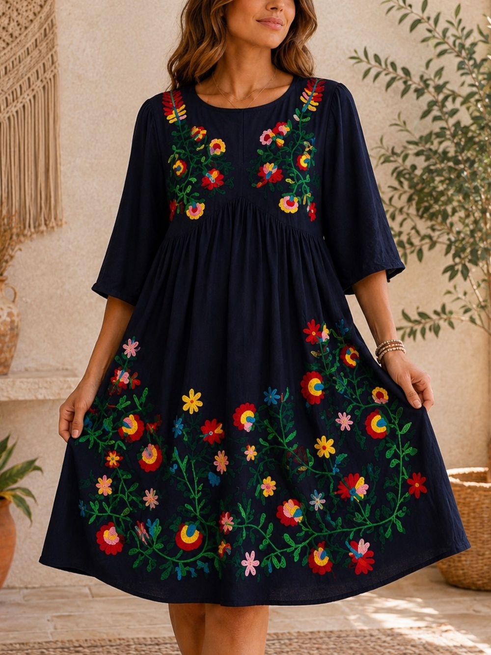 Riviera Sun Embroidered Boho Dress XL NWT Navy Floral Bell Sleeve Rayon